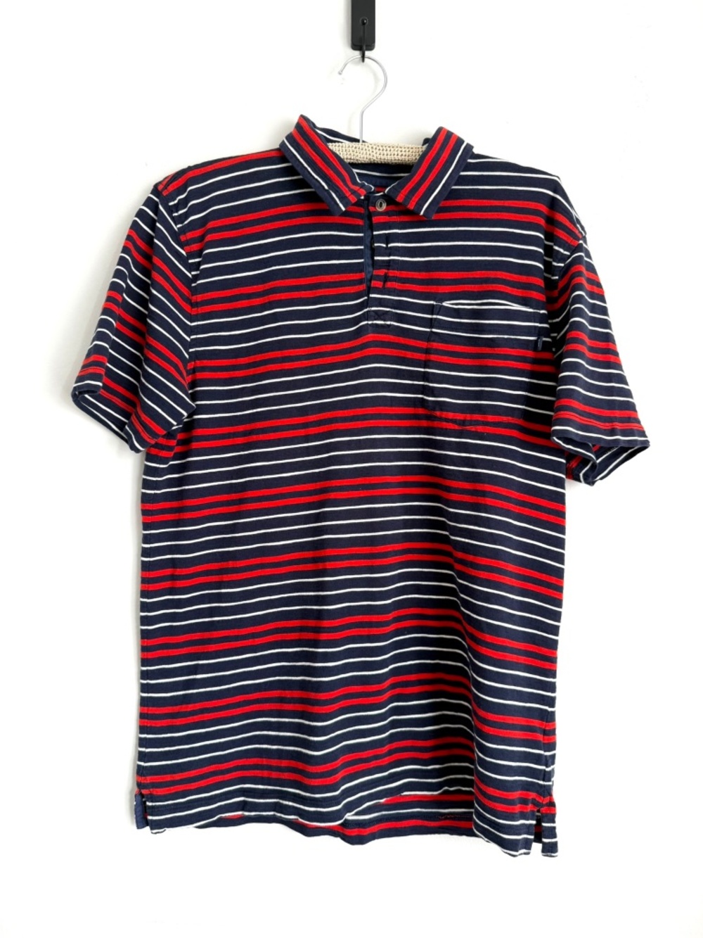 NORTH FACE Mens Medium Blue Red White Stripe Short Sleeve Polo Shirt E19